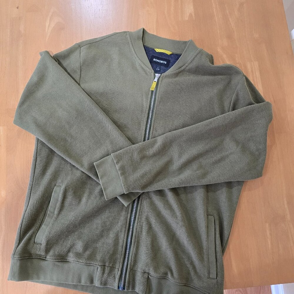 Bonobos Men's Bomber Jacket Full Zip Textured Knit Olive Green Size‎ Large
